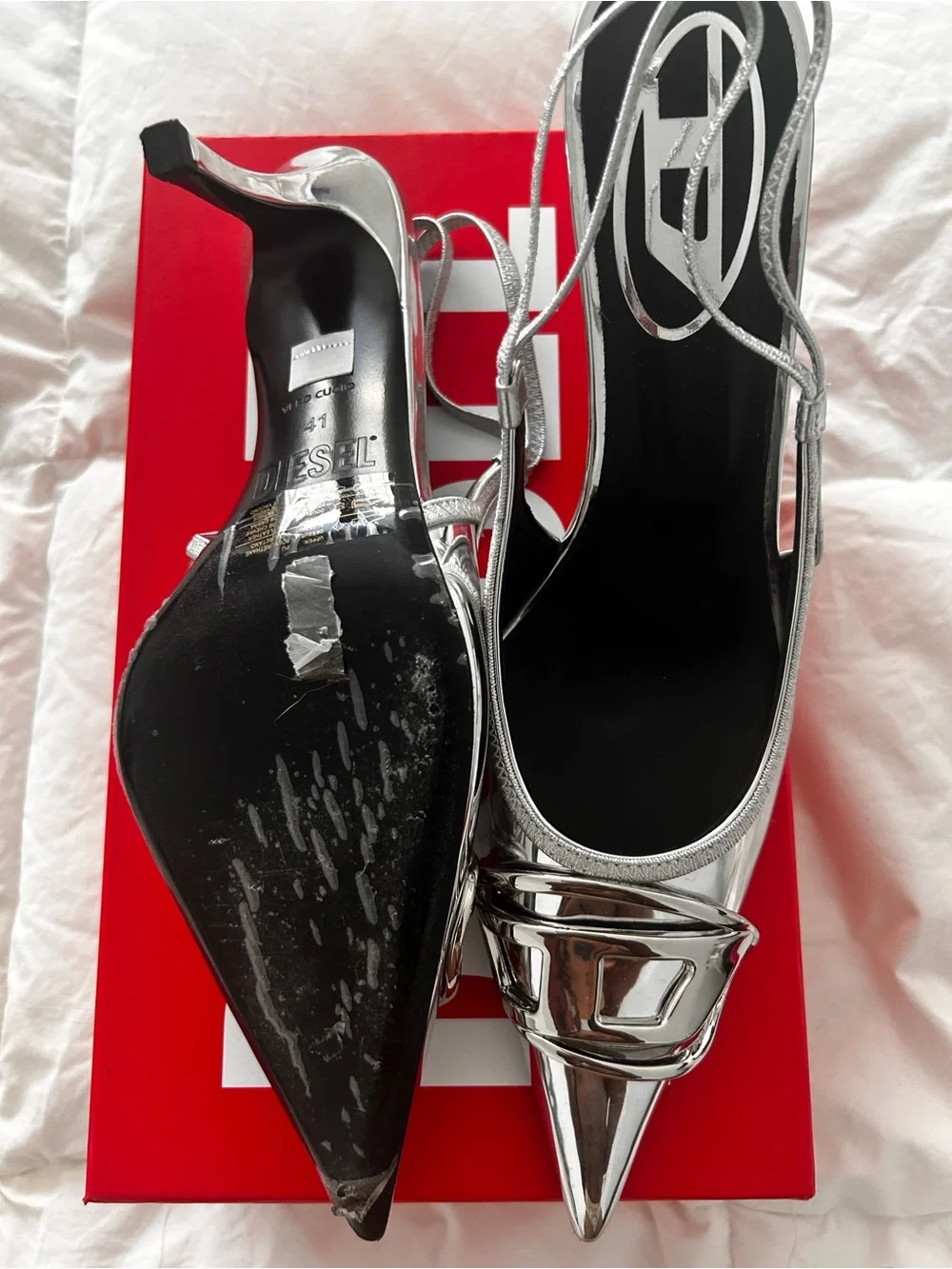 Diesel Silver Metallic Pointed Slingback Pumps with Buckle - Picture 3 of 6